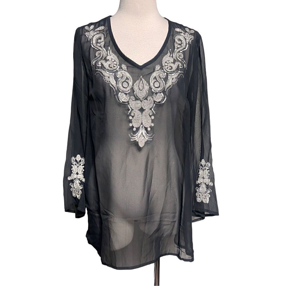 Anthony Original NWT Black Embellished Sheer Tunic, Blouse, Dress Size 8